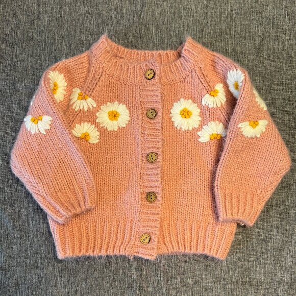 ANGOU long sleeve knit sweater- Sz EU 73 (US 12-18 M)  - Pink with daisies - Picture 1 of 6
